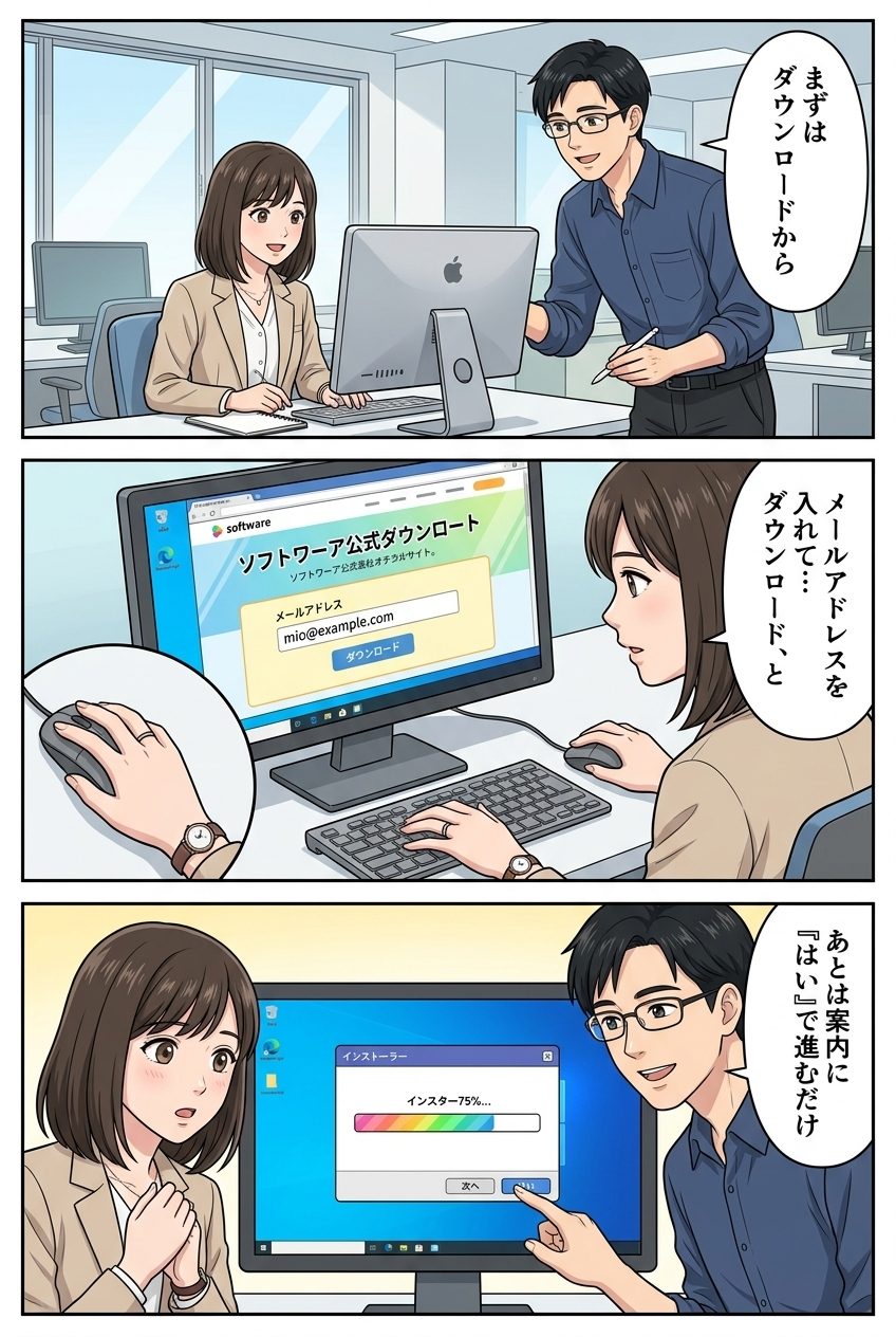 Art & IT Craft制作の解説漫画。ソフトのダウンロードからインストールまでの操作手順を、1コマずつ順を追って解説するハウツーページ