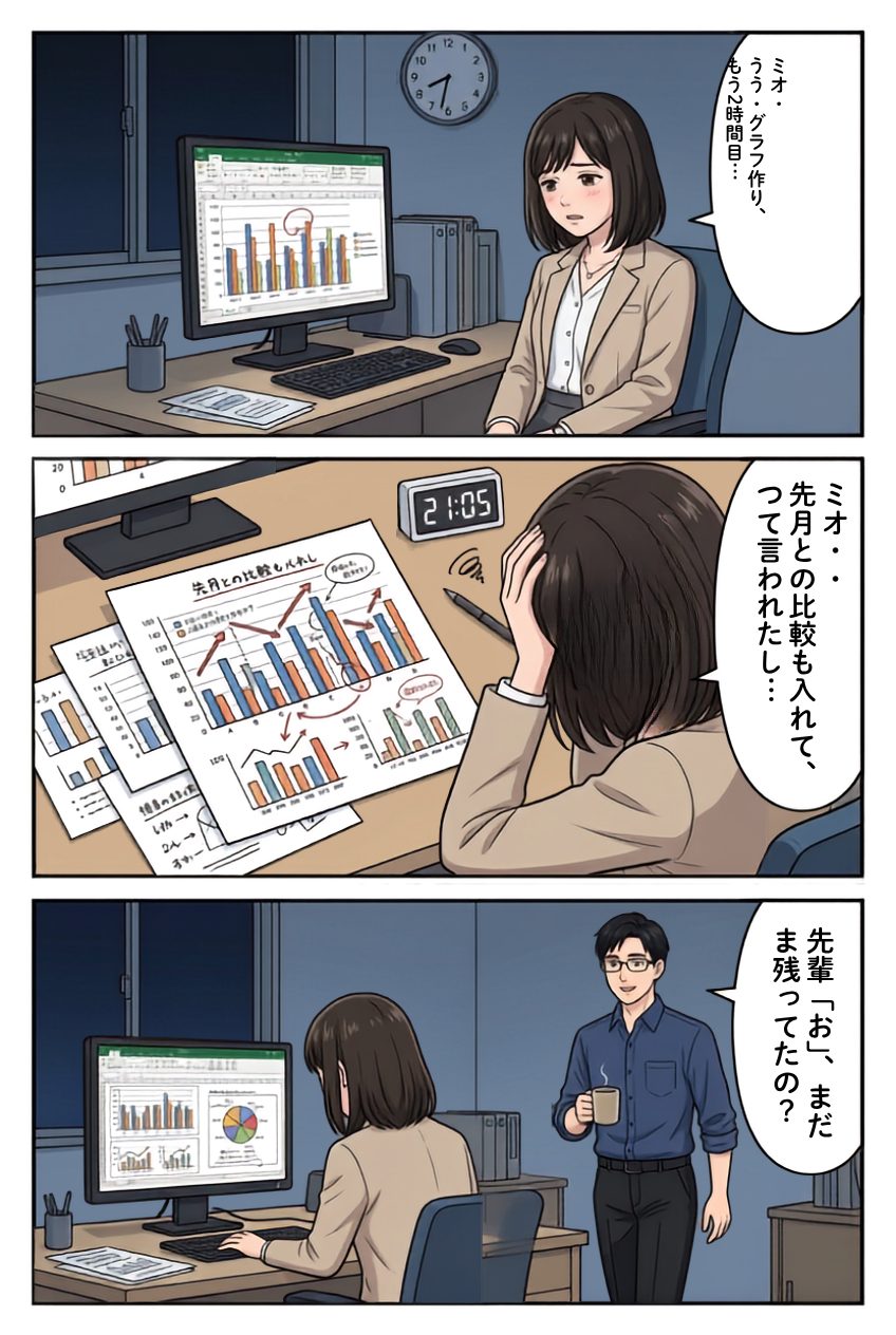 Art & IT Craft制作の解説漫画の導入ページ。主人公がデータ集計に悩む場面から物語が始まり、読者を引き込む構成